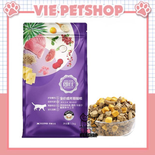Thức ăn hạt langshi happy l mix topping thịt gà sấy cho mèo túi zip 1kg | vie petshop