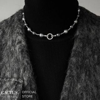  Dây chuyền   Vòng cổ   Vòng tay ngọc trai đen bạc mặt tròn đính đá unisex nam nữ 