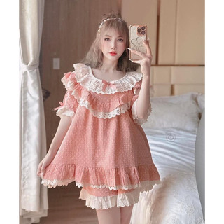 Bộ mặc nhà bánh bèo cộc đùi xô muslin chấm bi hàng qccc
