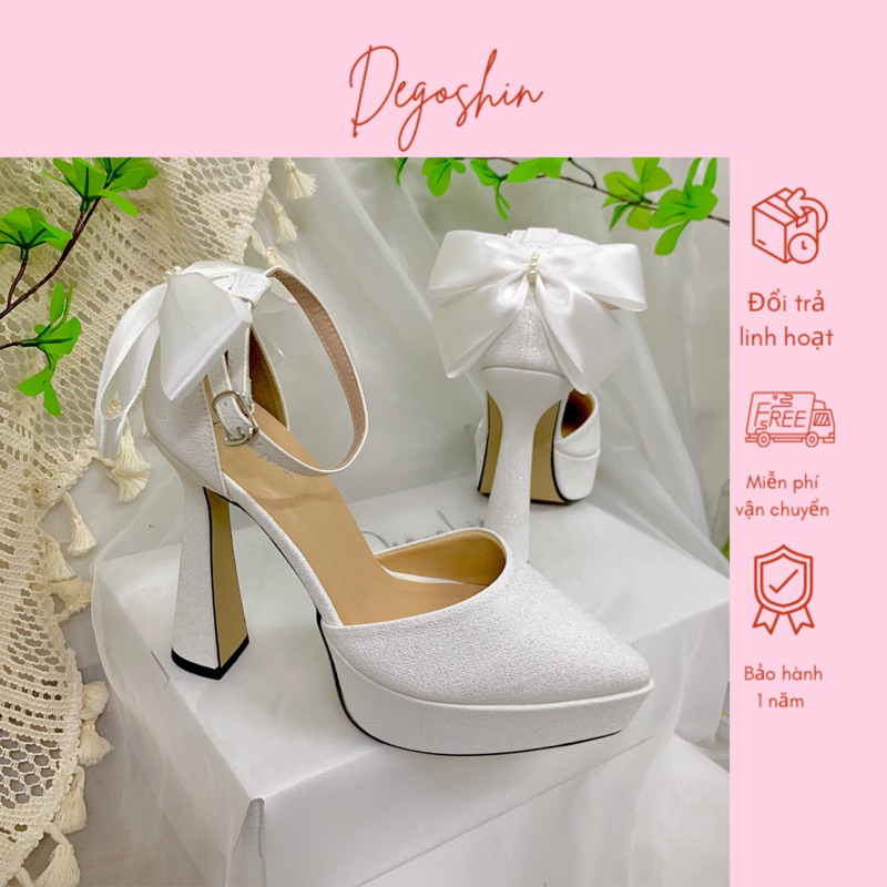 Giày cao gót Barbie mũi nhọn 10cm và 13cm da nhũ kim tuyến Trắng đính Nơ Lụa sau hậu TK bởi Degoshin.