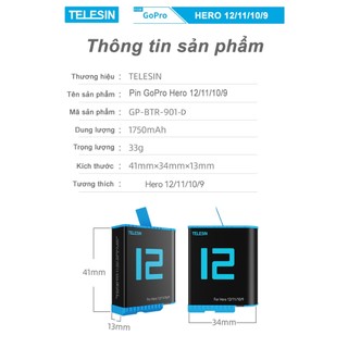 Combo sạc 3 + 2 pin TELESIN cho GOPRO HERO 9/10/11/12 - (CSG9-01)