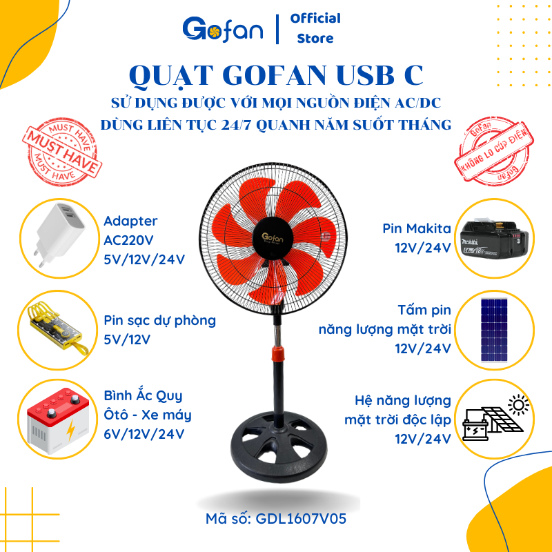 Quạt đứng GOFAN USB C, không chổi than, cánh 7 lá, cấp điện từ pin dự phòng, nguồn điện 220V,pin năn
