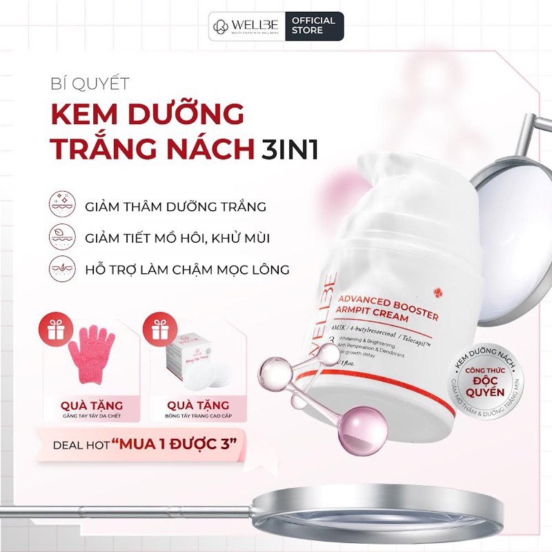 Kem trắng nách WELLBE, khử mùi, hỗ trợ làm chậm mọc lông nách Advanced Booster Armpit Cream 30ml [Mua 1 tặng 2]