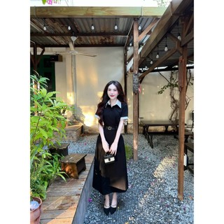 Đầm kaki dài phối cổ sơmi kèm dây thắt lưng