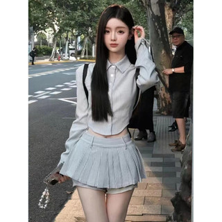 Set 2 món áo sơmi crotop + váy xếp li kẻ phong cách Hàn Quốc
