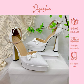  Giày cao gót Barbie mũi nhọn 10p và 13p da nhũ kim tuyến Trắng đính Nơ TK bởi Degoshin. 