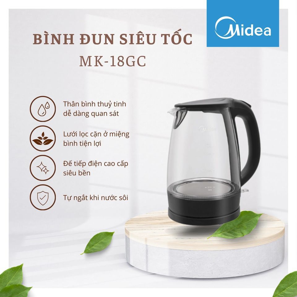 Ấm Siêu Tốc Thủy Tinh Midea MK-18GC (Bình Siêu Tốc, Ấm Đun Siêu Tốc Dung Tích 1.7L, Công Suất 1800W)