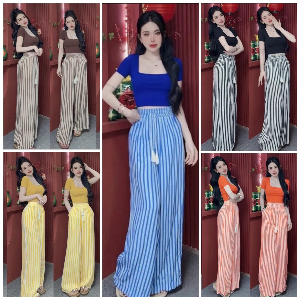 New M26 Set áo cổ vuông croptop kèm quần ống rộng sọc dài, có túi