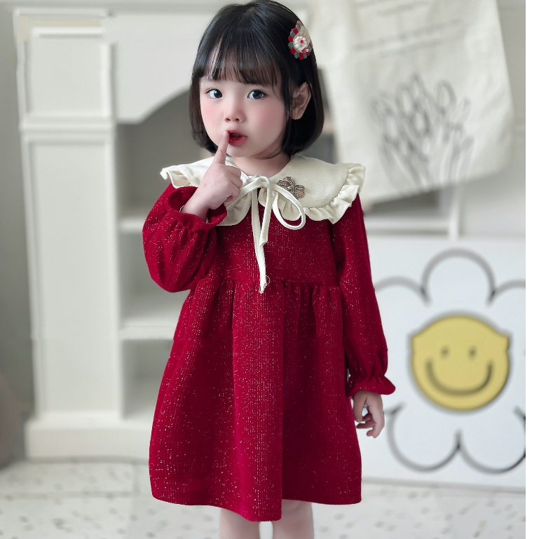 Váy Nhung Đỏ Kim Tuyến Cho Bé Gái 8-25Kg, Váy Nhung Joeyna Diện Tết Phong Cách Tiêu Thư Cho Bé Siêu 