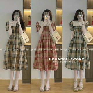 Váy xòe dài kẻ caro chiết eo phối cổ vuông be metwo.dearu - đầm kẻ dáng dài tay cộc qc cổ bèo ulzzang tiểu thư hàn quốc