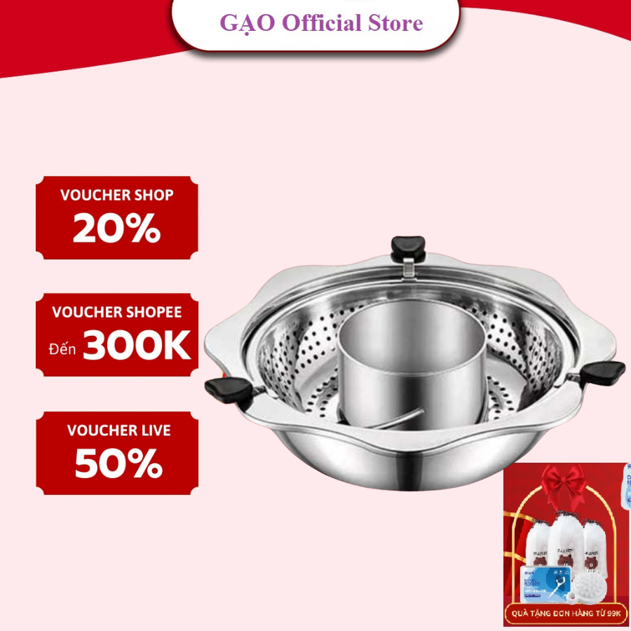 Nồi Lẩu Đa Năng 2 Ngăn Inox  Xoay 2 Tầng Hàn Quốc, Nồi Dùng Được Cho Bếp Từ Size 32cm, Nồi lẩu xoay