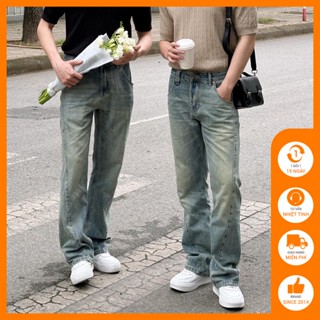 Quần jean ống rộng nam Độc menswear form suông loe nhẹ, phối đường ly quần chéo ra trước, màu mài ám vàng - Q656