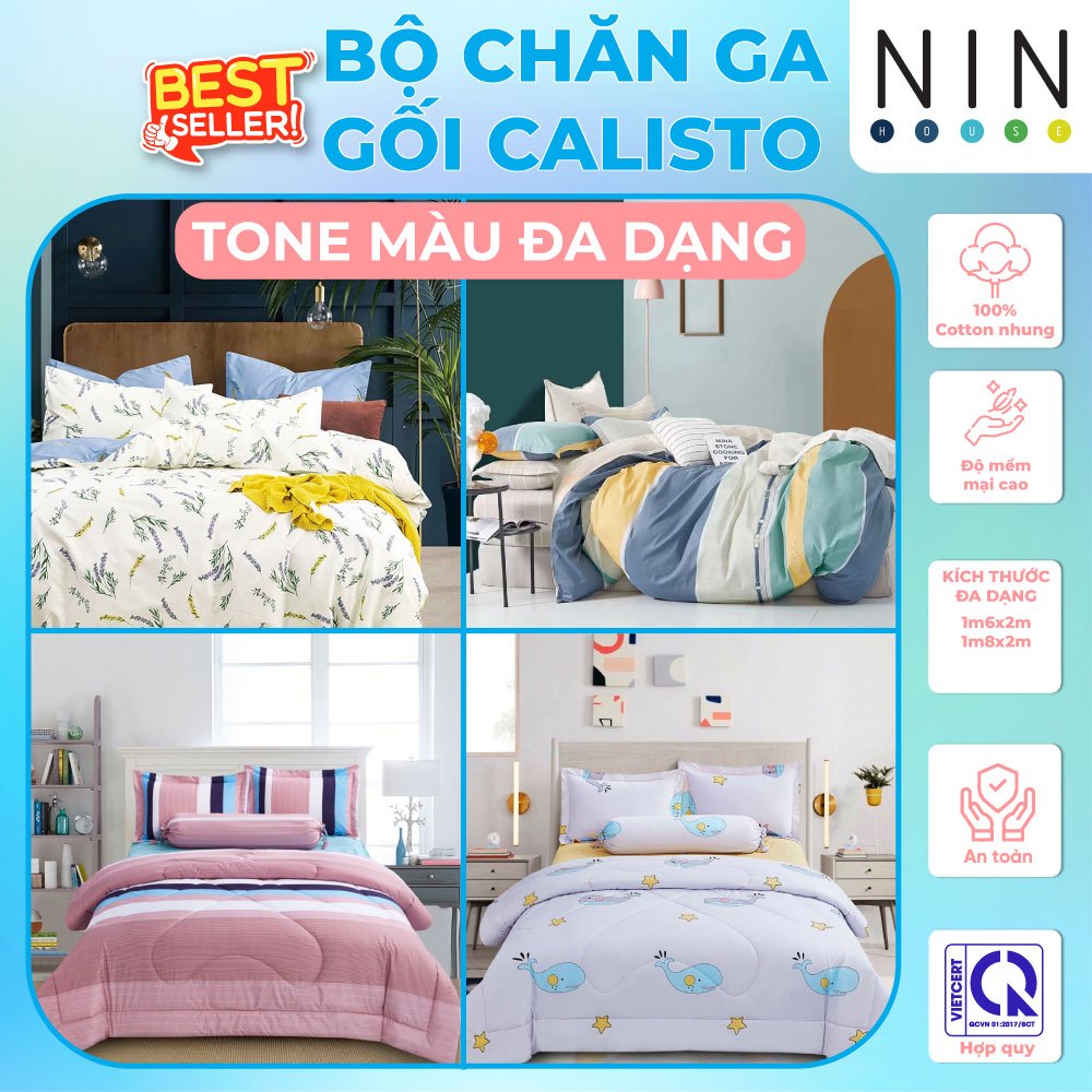 [OUTLET 25.3] Bộ 5 món ga giường, áo gối kèm mền NIN Calisto mã màu từ 10 - 16, size giường 1m6, 1m8