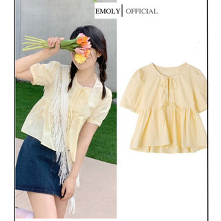  Áo sơ mi nữ babydoll màu vàng kem phối dây thắt nơ tay dáng bồng thời trang mùa hè - SM02