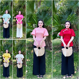 Bộ bà ba tay phồng áo hoa quần lụa màu