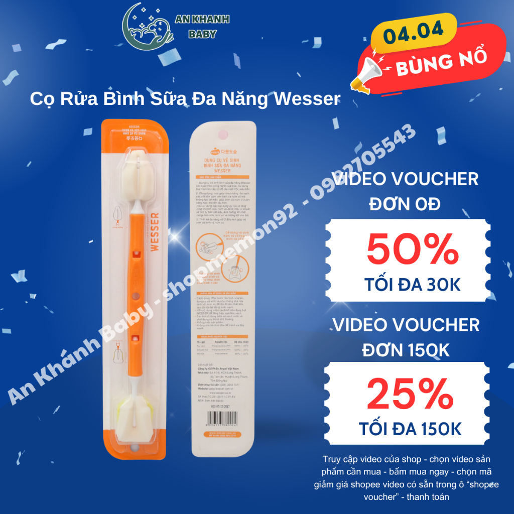 Cọ bình sữa xốp mút 2 đầu Wesser