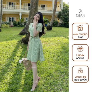 Váy nữ hoa nhí ngắn dáng chữ a màu xanh thiết kế thắt eo tay bồng phối cổ V cách điệu thương hiệu Giian - VA0227