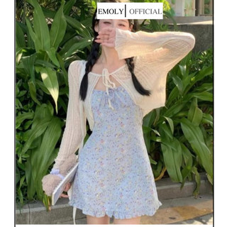  Váy hai dây hoa nhí cúp ngực dáng chữ A kèm áo khoác cardigan mỏng thời trang mùa hè