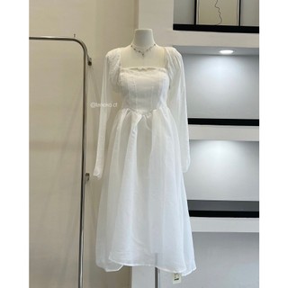 Đầm midi tơ trắng cột dây + khoác Laneko