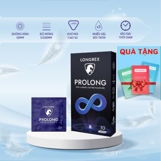 Bao cao su kéo dài thời gian Longrex Prolong siêu mỏng, nhiều gel bôi trơn hộp 10 chiếc