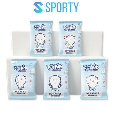 Túi 10 khăn giấy ướt SPORTY PS5 nhỏ gọn, an toàn cho trẻ em, người lớn, dày dặn, đóng gói chắc chắn