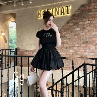 ĐẦM TAY NGẮN CỔ TRÒN ĐÍNH ĐÁ CHỮ PINK DÁNG BÍ PHỒNG