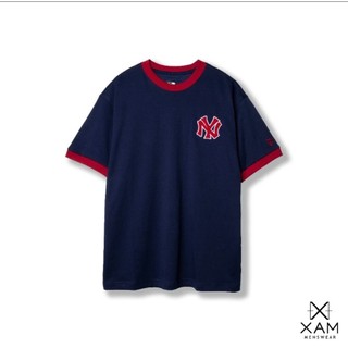 Áo phông mlb logo ny thêu xù chất liệu cotton 2 chiều - áo thun nam nữ mlb ny phối hoạ tiết cổ đỏ tay đỏ hottrend 2024