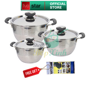 Bộ nồi inox 430 cao cấp Fivestar Standard 3 chiếc nắp inox 3 đáy bếp từ quai silicon chống nóng , tặng cước chùi nồi