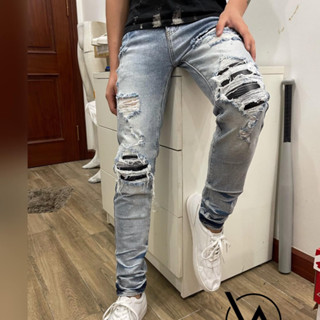 Quần jean amiri vá nhăn kẻ xanh boy phố,quần bò amiri vá nhăn cứng màu xanh loang bạc rách tua 4 khuy