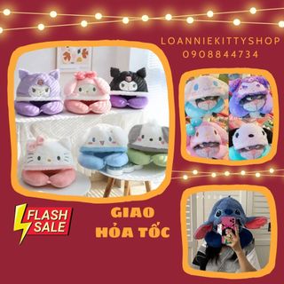HÀNG LOẠI 1 SIZE TO - Gối cổ du lịch chữ U kèm mũ Gấu dâu ,Cáo hồng, Kuromi