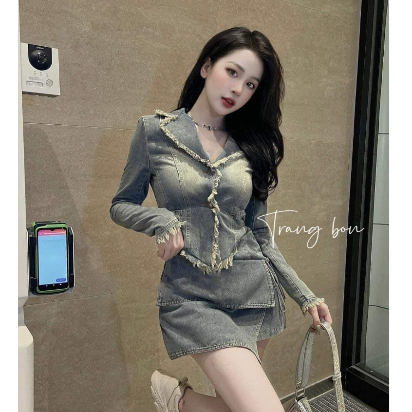 Set bò denim áo cổ V + chân váy kiểu hàng Quảng Châu - Anna.Store