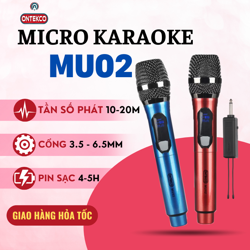 Bộ Micro Karaoke Không dây ONTEKCO MU02 UhF- Cao cấp, hiện thị tần số, Chuyên dụng cho mọi Loa kéo, Amply