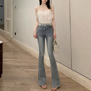 Quần jeans ống loe mài rách đùi  cạp cao chất mềm co dãn bản màu mới lên dáng chuẩn