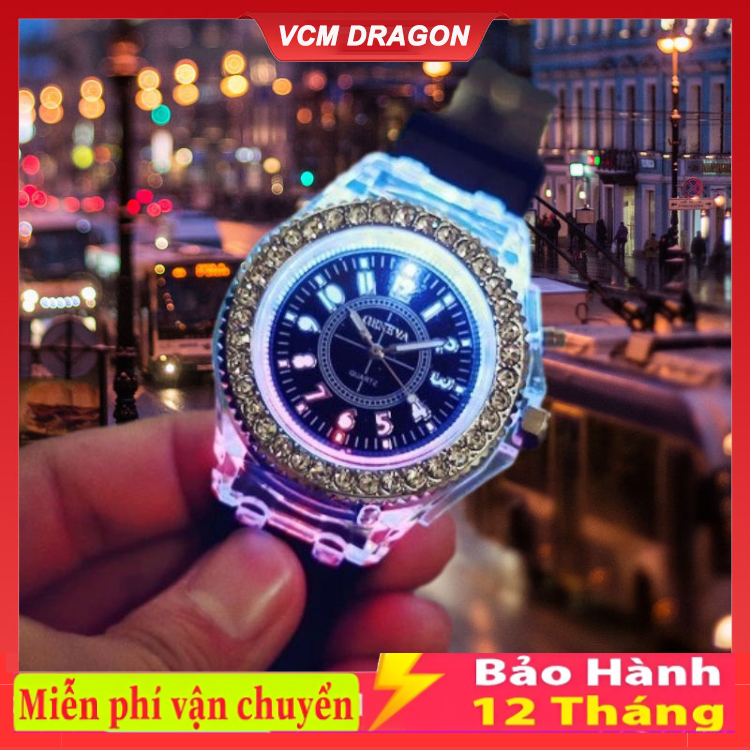 Đồng Hồ Tròn Đính Đá Đèn Led Nhiều Màu Sắc ,Thời Trang Hàn Quốc Cho Nam Và Nữ , Bảo Hành 12 Tháng