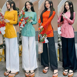 Bộ bà ba tay dài cổ ngọc quần lụa màu form 40-58kg