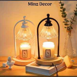 Đèn đốt nến thơm hình lồng, chụp thuỷ tinh trắng, đen, đế gỗ