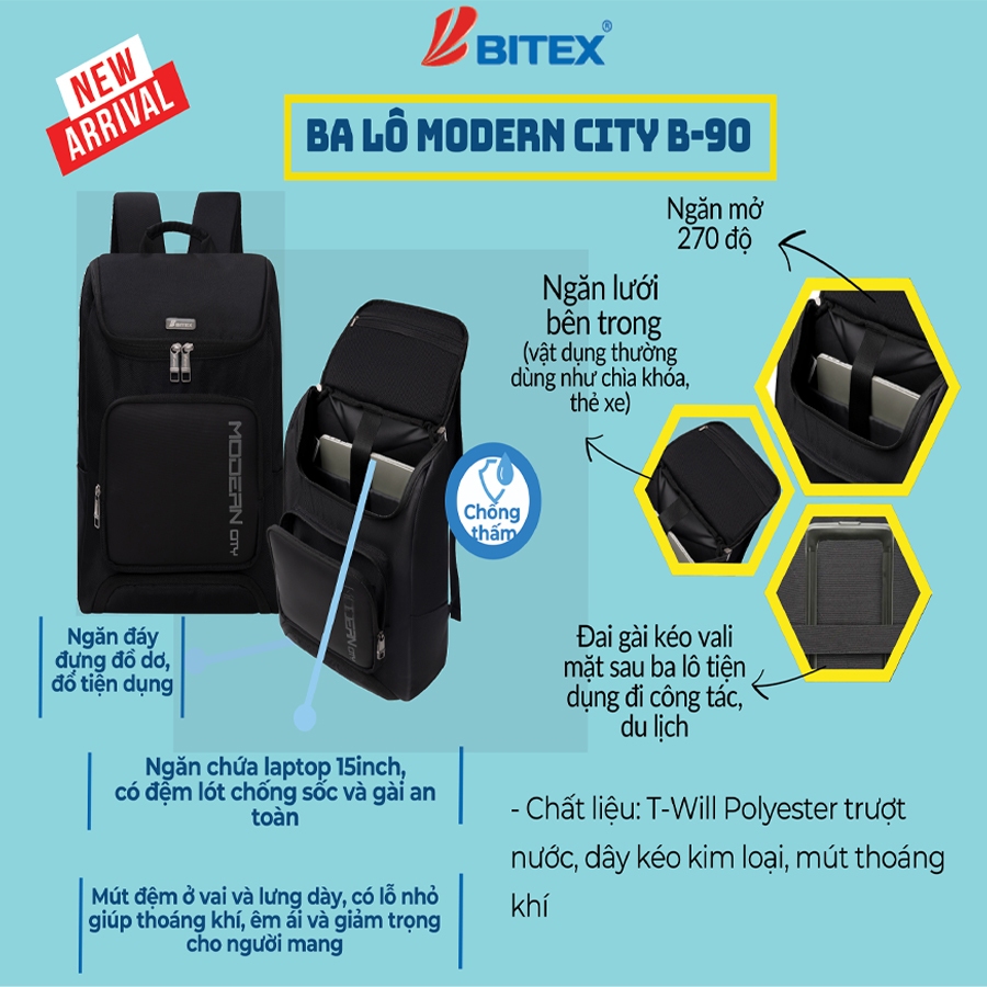 Balo tiện lợi Laptop, ngăn đựng giày phù hợp dân văn phòng đi tập thể dục Bitex Modern City B-090 | BigBuy360 - bigbuy360.vn