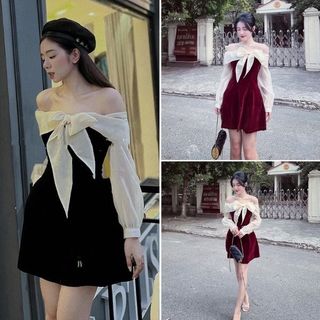 Váy kiểu nữ trễ vai váy nhung tiểu thư thắt nơ dài tay sang chảnh đầm dự tiệc V748 LOZADO