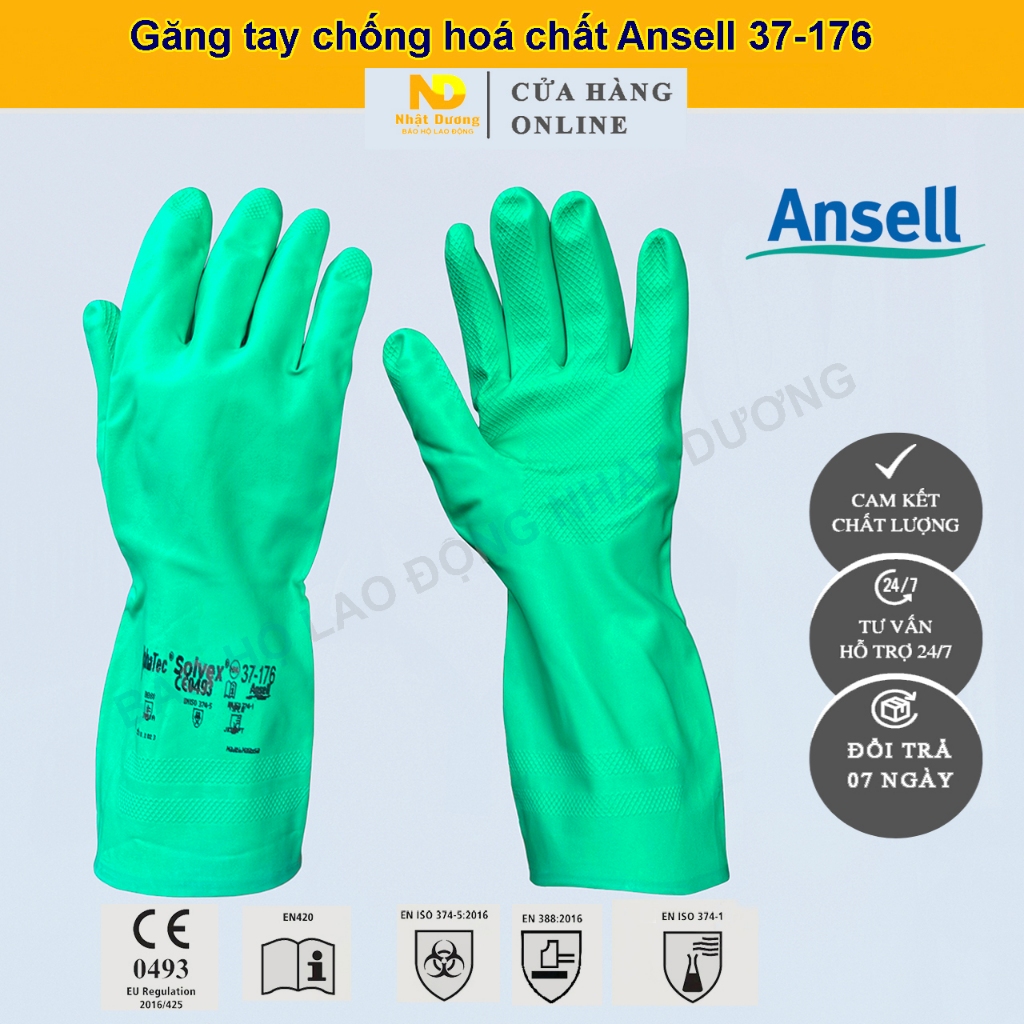 Găng tay cao su chống hóa chất Ansell 37-176 chống dầu nhớt, hoá chất công nghiệp, dung dịch ăn mòn, acid loãng