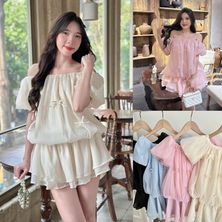 Váy voan tơ trễ vai tay bồng đính nơ đầm quả bầu chun eo kèm quần trong 4 màu siêu xinh