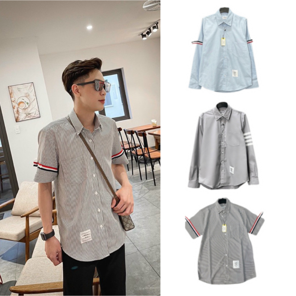 Áo sơmi Thome Brown Unisex giới tính sọc kẻ Xanh Xám Dài tay cộc Tay Vải thời thượng đến lớp đi dạo Mẫu Hottrend