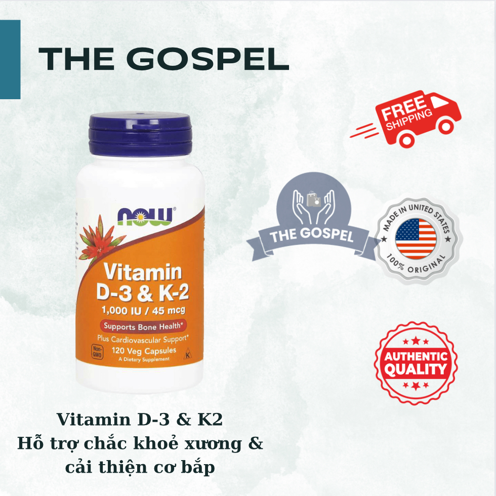 Vitamin D3 K2 Now 1000IU 45mcg hỗ trợ xương chắc khỏe, cải thiện sức mạnh cơ bắp của Mỹ | 120 viên