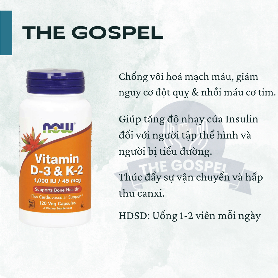 Vitamin D3 K2 Now 1000IU 45mcg hỗ trợ xương chắc khỏe, cải thiện sức mạnh cơ bắp của Mỹ | 120 viên