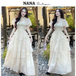 Đầm dáng dài tầng 2 lớp thiếu kế choàng vai bánh bèo, chất voan mịn màng tiểu thư cực sang