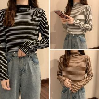 Áo giữ nhiệt nữ kẻ sọc áo thun giữ nhiệt lót nỉ cổ 3 phân thiết kế kẻ co giãn ấm áp A22 LOZADO