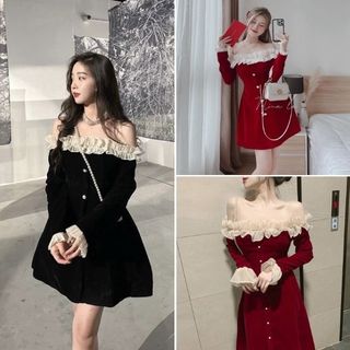 Váy nhung trễ vai đầm trễ vai phối bèo tiểu thư sang chảnh V224 - LOZADO