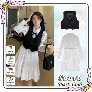 Váy hàn ⚡️váy học sinh tiểu thư Váy nữ Set váy nữ đầm nữ váy trắng bigsize set đồ nữ váy dài Váy Đen Phối Cổ SơmiS10030
