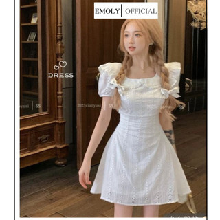  Đầm trắng dáng xòe, váy trắng tiểu thư nhẹ nhàng, váy đi tiệc triết eo tôn dáng Classic Girl Emoly.vn - V526