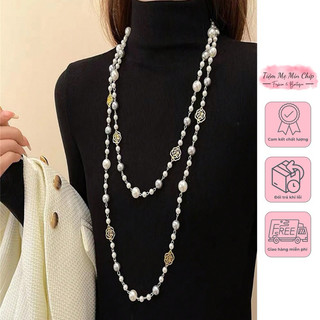 🧷 Vòng cổ dài ngọc trai trắng mix dây vàng hoa hồng