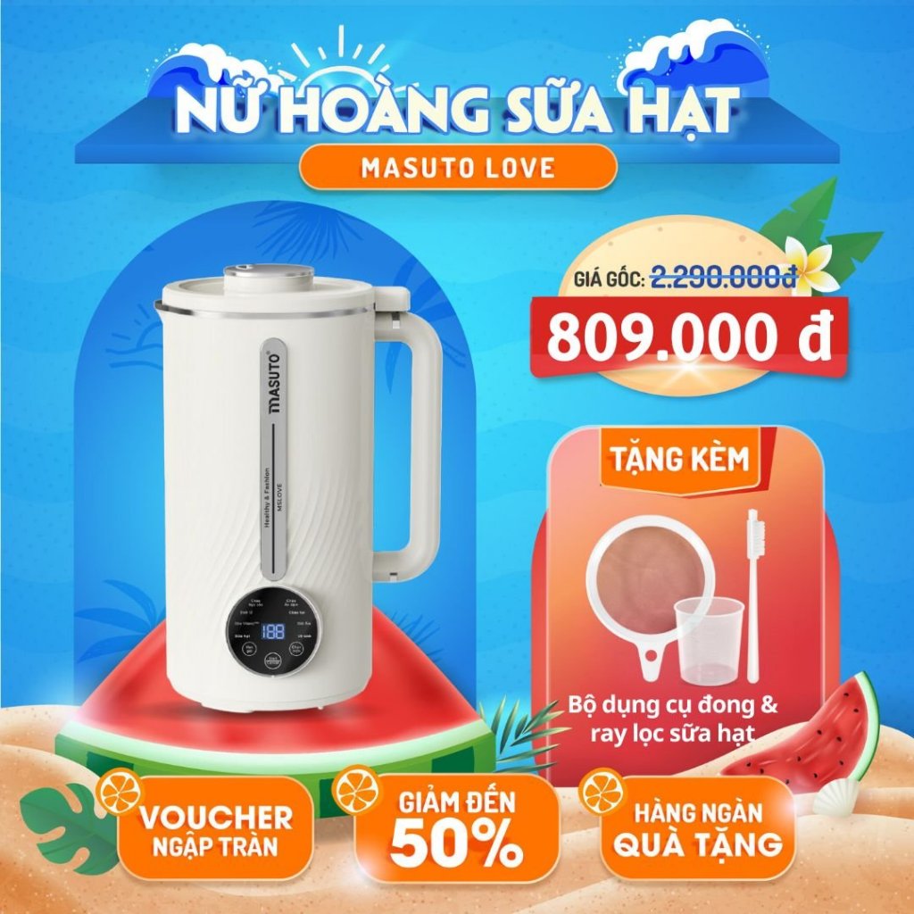 Máy làm sữa hạt Masuto 1L, máy nấu sữa hạt chống trào, vệ sinh dễ dàng, bảo hành 12 tháng